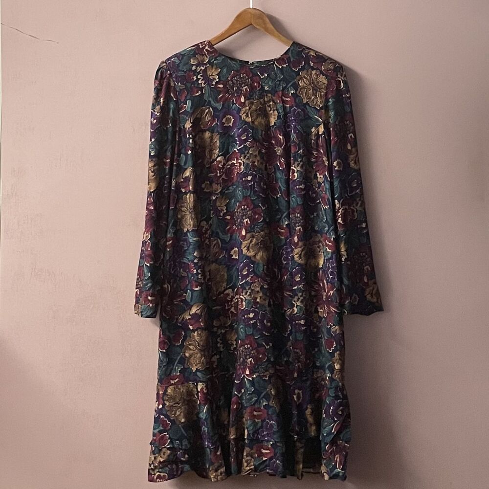 Vintage 80’s ED Michaels Plus Navy Floral Ruffled Hem Dress Size 18 EUC